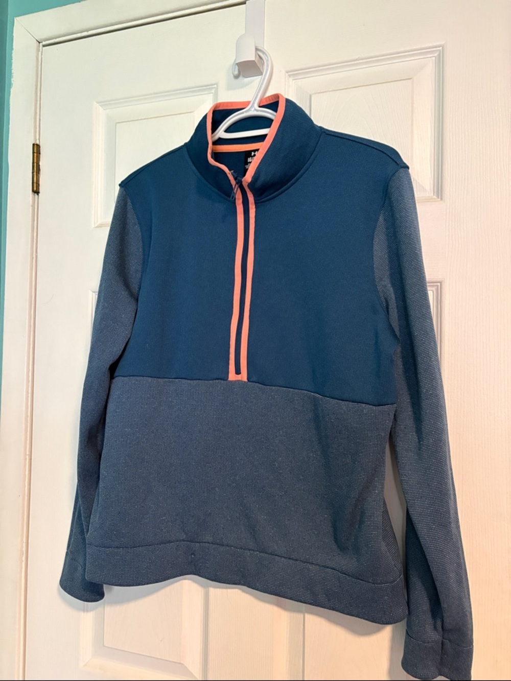 Under Armour Two-Tone Blue Quarter-Zip Sweater with Coral Trim